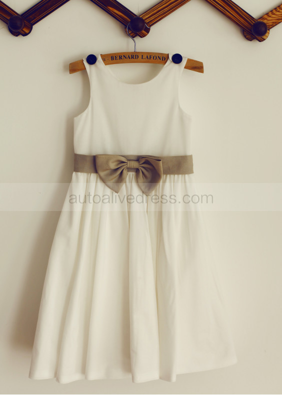 Ivory Cotton Button Connected Straps Flower Girl Dress